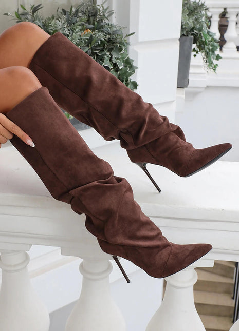 Faux Suede Ruched Knee High Heeled Boots
