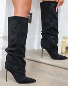 Faux Suede Ruched Knee High Heeled Boots