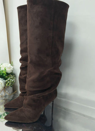 Faux Suede Ruched Knee High Heeled Boots