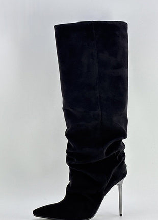 Faux Suede Ruched Knee High Heeled Boots