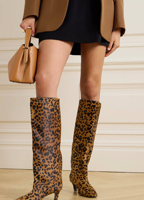Animal Print Wide Shaft Long Hair Knee-High Kitten Heel Boots