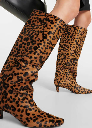 Animal Print Wide Shaft Long Hair Knee-High Kitten Heel Boots