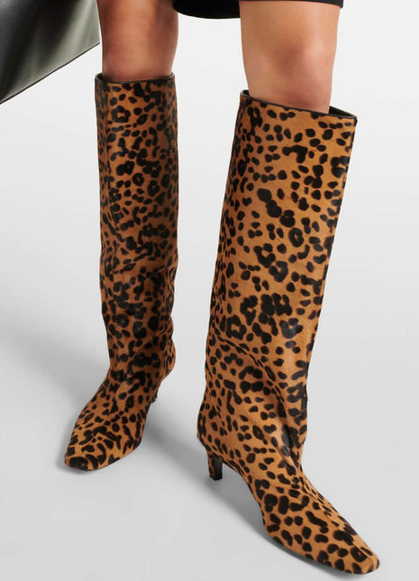 Animal Print Wide Shaft Long Hair Knee-High Kitten Heel Boots