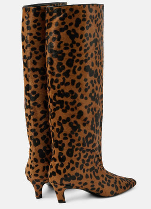 Animal Print Wide Shaft Long Hair Knee-High Kitten Heel Boots