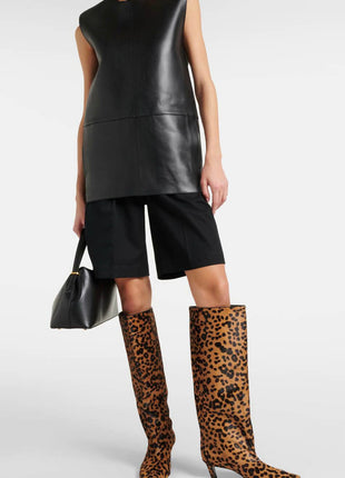 Animal Print Wide Shaft Long Hair Knee-High Kitten Heel Boots