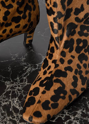 Animal Print Wide Shaft Long Hair Knee-High Kitten Heel Boots