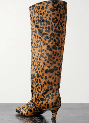 Animal Print Wide Shaft Long Hair Knee-High Kitten Heel Boots