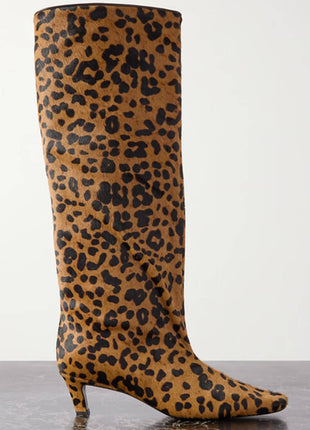 Animal Print Wide Shaft Long Hair Knee-High Kitten Heel Boots