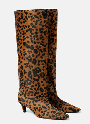 Animal Print Wide Shaft Long Hair Knee-High Kitten Heel Boots