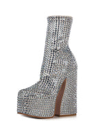 Rhinestone-Embellished Platform High Block Heel Ankle Bootie