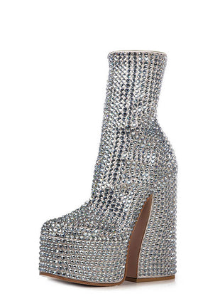 Rhinestone-Embellished Platform High Block Heel Ankle Bootie