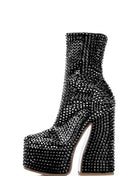 Rhinestone-Embellished Platform High Block Heel Ankle Bootie