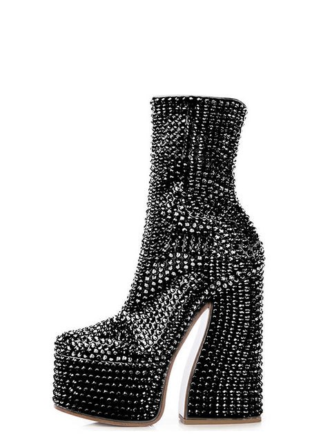 Rhinestone-Embellished Platform High Block Heel Ankle Bootie