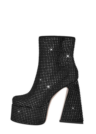 Rhinestone-Embellished Platform High Block Heel Ankle Bootie