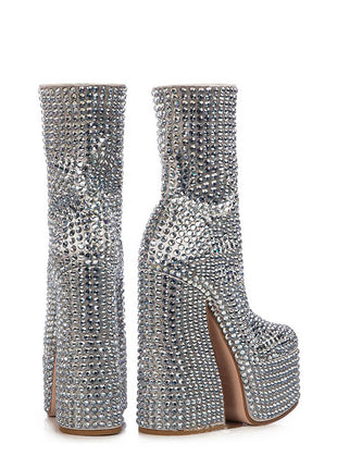Rhinestone-Embellished Platform High Block Heel Ankle Bootie