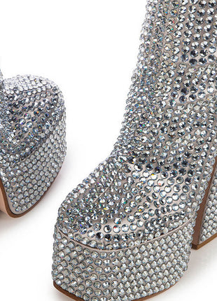 Rhinestone-Embellished Platform High Block Heel Ankle Bootie