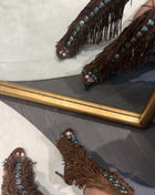 Studded Fringe Lace Up Stiletto Heel Sandal