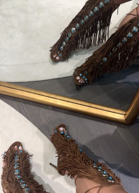 Studded Fringe Lace Up Stiletto Heel Sandal