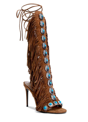 Studded Fringe Lace Up Stiletto Heel Sandal