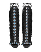 Studded Fringe Lace Up Stiletto Heel Sandal