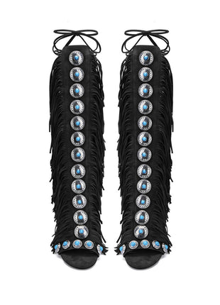 Studded Fringe Lace Up Stiletto Heel Sandal