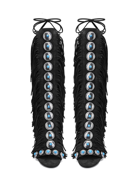 Studded Fringe Lace Up Stiletto Heel Sandal