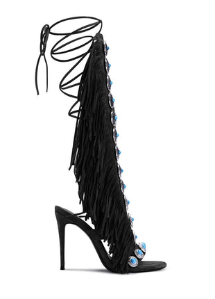Studded Fringe Lace Up Stiletto Heel Sandal