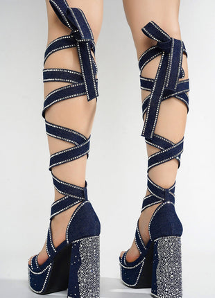 Rhinestone-Embellished Lace Up Chunky Platform Block Heels