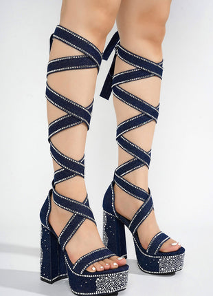 Rhinestone-Embellished Lace Up Chunky Platform Block Heels