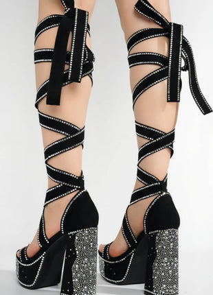 Rhinestone-Embellished Lace Up Chunky Platform Block Heels