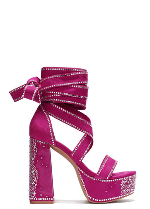 Rhinestone-Embellished Lace Up Chunky Platform Block Heels