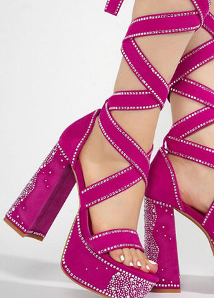 Rhinestone-Embellished Lace Up Chunky Platform Block Heels