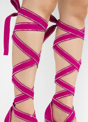 Rhinestone-Embellished Lace Up Chunky Platform Block Heels