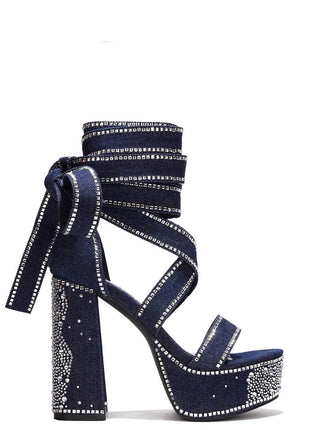 Rhinestone-Embellished Lace Up Chunky Platform Block Heels