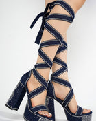 Rhinestone-Embellished Lace Up Chunky Platform Block Heels