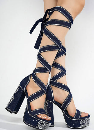 Rhinestone-Embellished Lace Up Chunky Platform Block Heels
