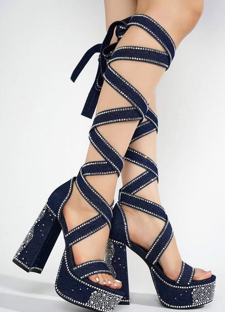 Rhinestone-Embellished Lace Up Chunky Platform Block Heels