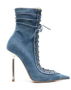 Denim Lace Up Pointed Toe Ankle Stiletto Boots