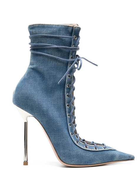 Denim Lace Up Pointed Toe Ankle Stiletto Boots