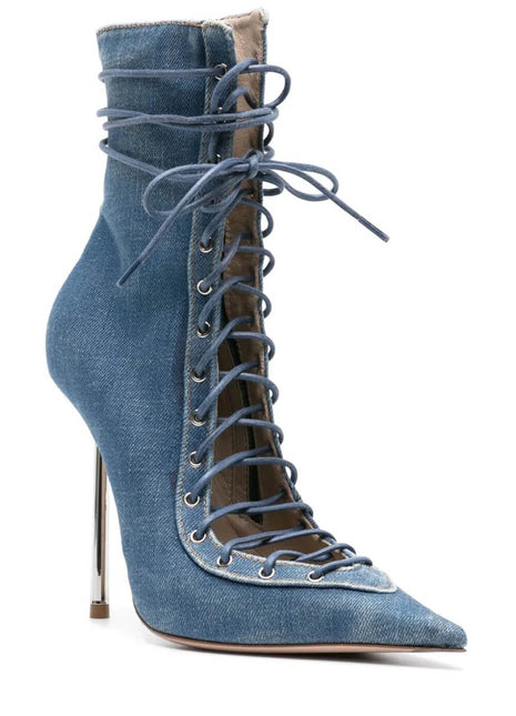 Denim Lace Up Pointed Toe Ankle Stiletto Boots