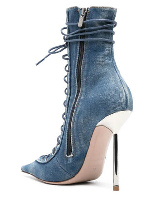 Denim Lace Up Pointed Toe Ankle Stiletto Boots