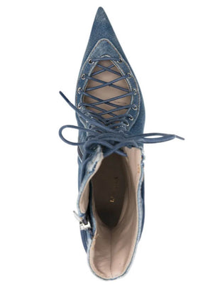 Denim Lace Up Pointed Toe Ankle Stiletto Boots