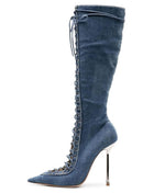 Denim Lace Up Pointed Toe Knee High Stiletto Boots