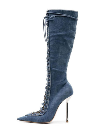 Denim Lace Up Pointed Toe Knee High Stiletto Boots