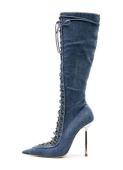 Denim Lace Up Pointed Toe Knee High Stiletto Boots