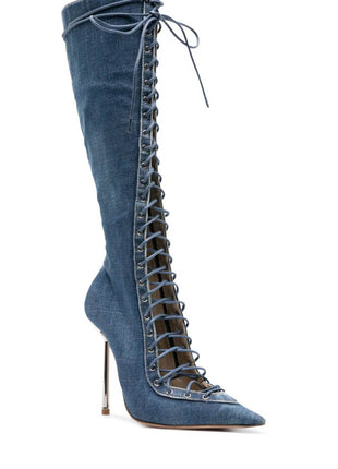 Denim Lace Up Pointed Toe Knee High Stiletto Boots