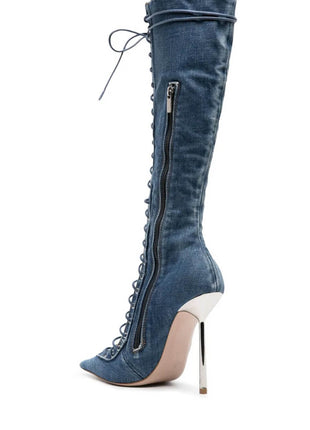 Denim Lace Up Pointed Toe Knee High Stiletto Boots