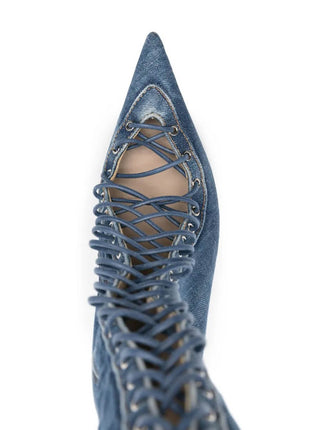Denim Lace Up Pointed Toe Knee High Stiletto Boots