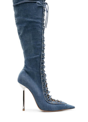 Denim Lace Up Pointed Toe Knee High Stiletto Boots