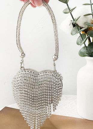 Rhinestone Heart-Shaped Evening Mini Clutch Bag With Fringe